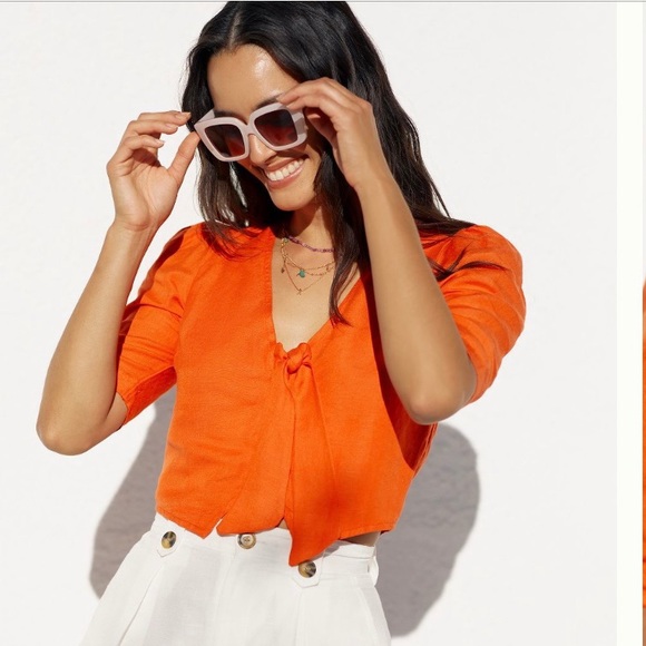 NWT Anthropologie Maeve Short Sleeve Tie-Front Linen Blend Blouse Orange 4 - Picture 15 of 16